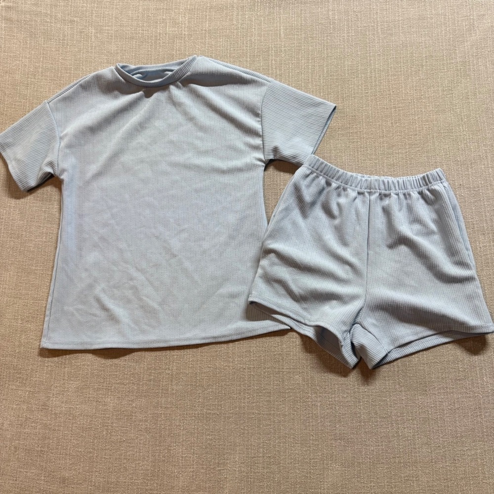 Unbranded Light Blue Ribbed 2 Piece Lounge Set Size S Short Sleeve Tee Shorts